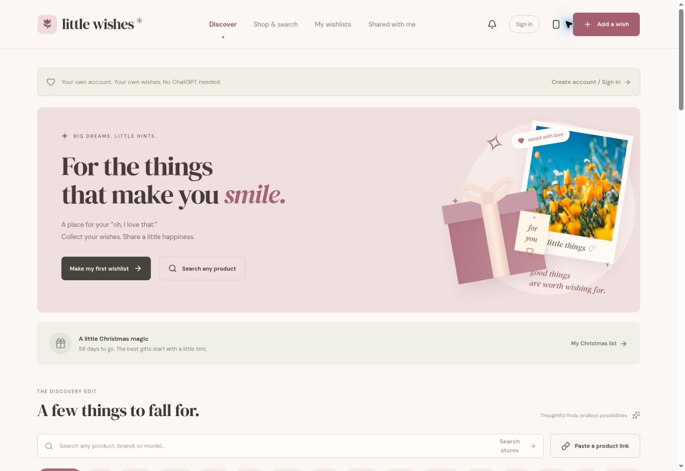 Little Wishes website with its blush pink wishlist design
