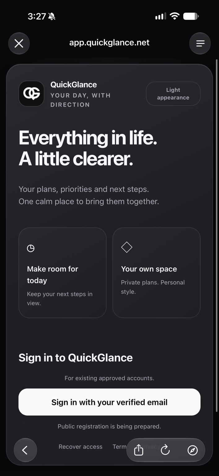 QuickGlance website showing plans, priorities, and next steps